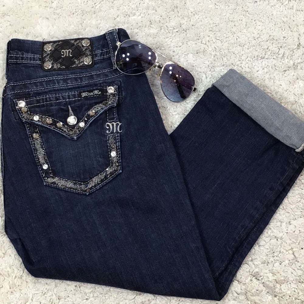 Miss Me easy crop dk blue sparkle jeans 28